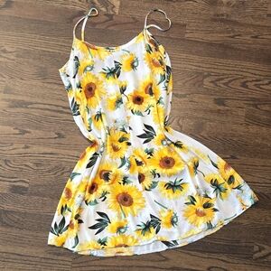 Sunflower Print Mini Dress Spaghetti Strap | Size L | Fit Flare Summer Sundress